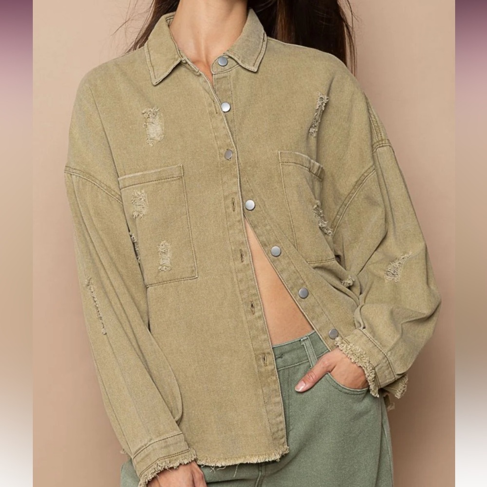 POL Olive Green Distressed Denim Shacket Star Patch‎ SMT1165D Mens Womens M